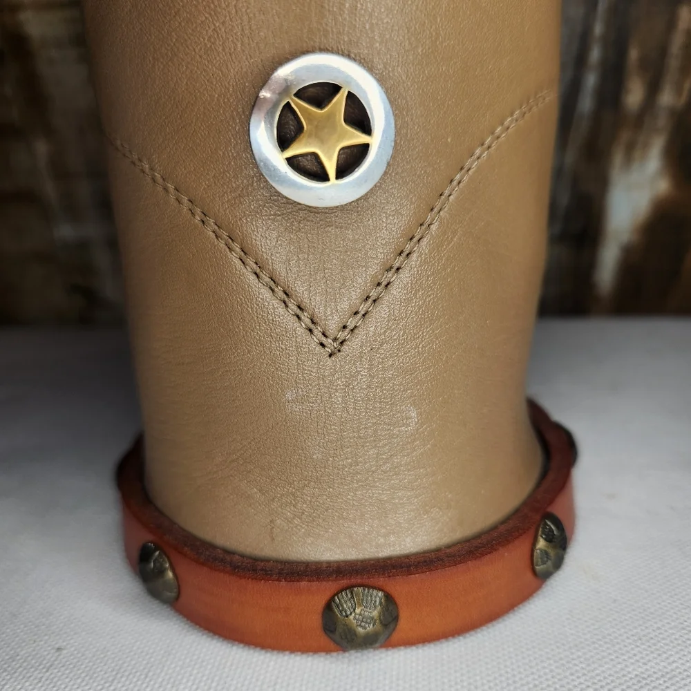 Vtg Leather Boot Cowhide Concho Western Beer Can Bottle Holder Koozie Set Pair - Picture 9 of 16